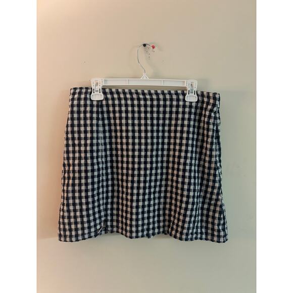 American Eagle Gingham Mini Skirt Size Large | Blue & White Check Linen Blend - Picture 2 of 6
